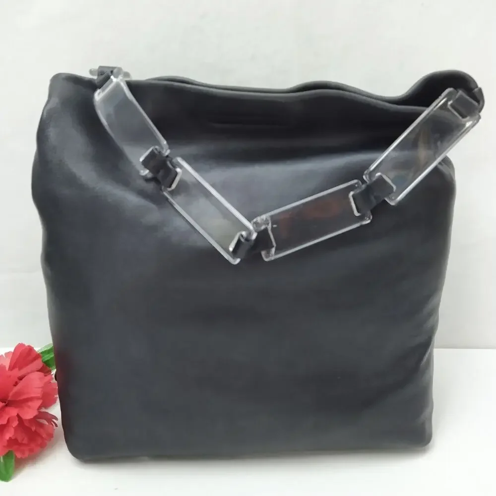 PRADA Black Leather Lucite Plastic Chain Strap Hobo Shoulder Bag